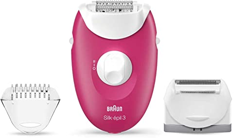 Braun Silk-épil 3 Epilator for Long-Lasting Hair Removal, Shaver and Trimmer Head & Trimmer Comb, 20 Tweezer System, UK 2 Pin Plug, 3-410, White/Pink