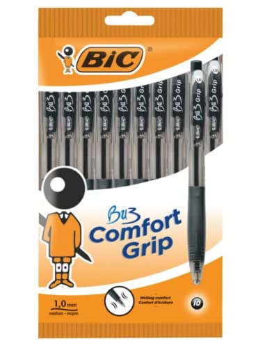 10PK BIC BU3 Comfort Grip Retractable Ball Pens BLK