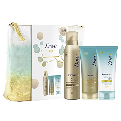 Dove Summer Collection Washbag Gift Set, Derma Spa series Dove Self Tan Mousse, Dove After Sun Lotion with Aloe Vera and Dove Tan Maintainer