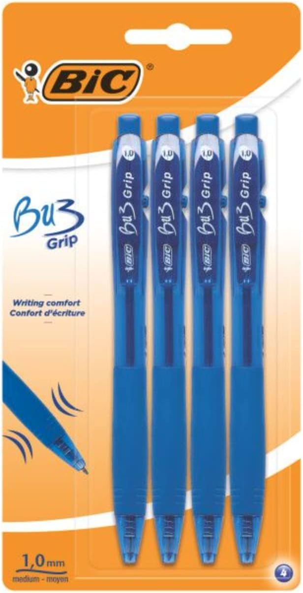 BIC BU3 Grip 1.0 Blue Retractable Ball Pen 4 Pack Stationery