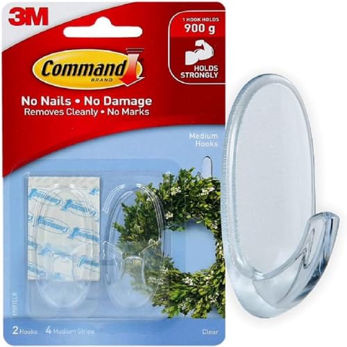 Command Medium Hook, Pack of 2 Hooks and 4 Adhesive Strips, Transparent - Damage Free Hanging - Holds up to 900g