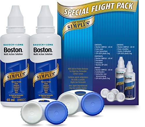 Boston Simplus Travel Contact Lens Solution, 2x 60ml Flight Pack Size, Multi-Action Solution for Rigid Gas Permeable Contact Lenses, Clean, Disinfect & Condition, 2x Lens Cases for Travel Convenience