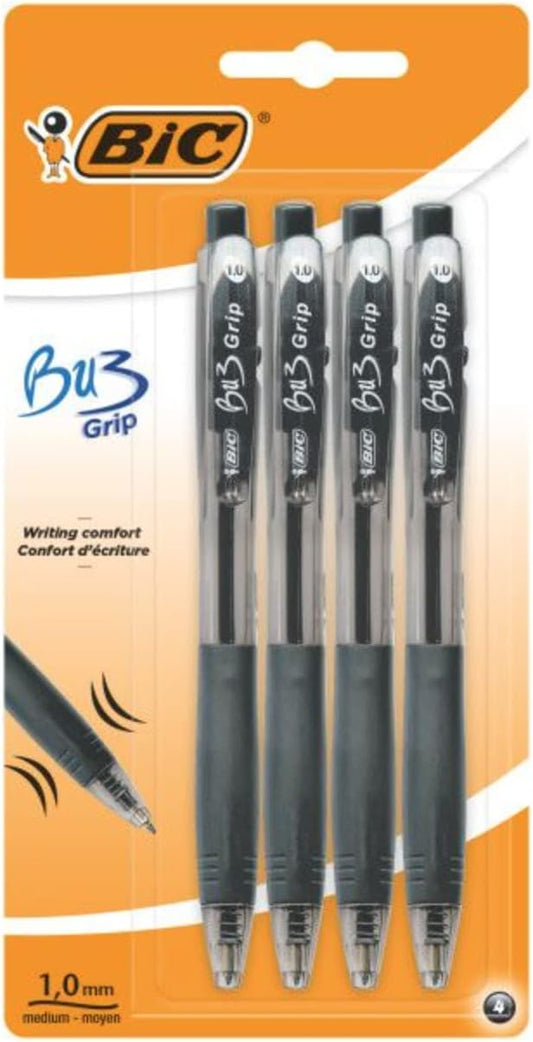 BIC BU3 Grip 1.0mm Black Retractable Ball Pens | 4 Pack Stationery