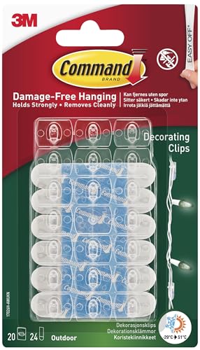 Command Outdoor Decorating Clips with Water-Resistant Strips - 20 Mini Clips and 24 Small Adhesive Strips, Transparent - Hanging Clips for Decorations and Fairy Lights - Damage Free Hanging