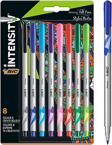 BIC Intensity Fineliner Medium Point Pen – Set of 8 Felt Pens, – Assorted Fashion Colours, No Bleed for Writing, Adult Colouring 978138