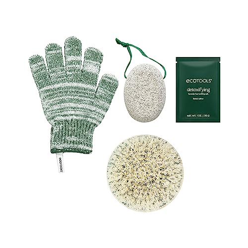 EcoTools Limited Edition Snowy Glow Kit, Shower Gloves, Dry Body Brush, Foot Pumice Stone & Foot Soak, 4 Piece Gift Set