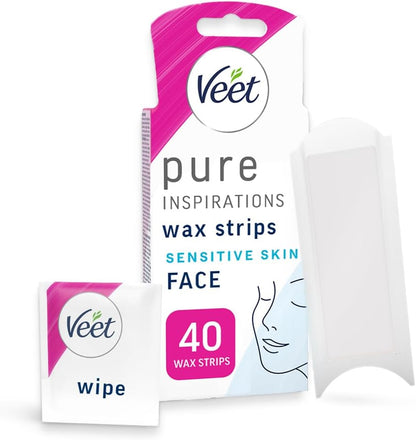 Veet Pure Cold Wax Strips Face Sensitive Skin 40 Strips 4 Finish Wipes Hair Removal