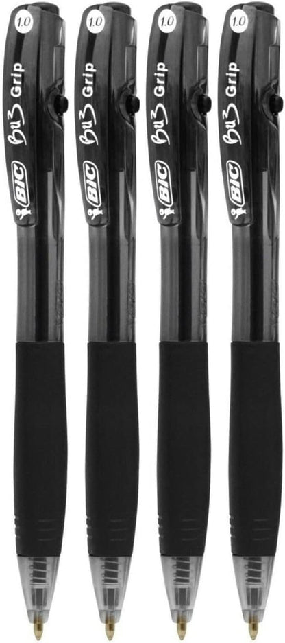 BIC BU3 Grip 1.0mm Black Retractable Ball Pens | 4 Pack Stationery