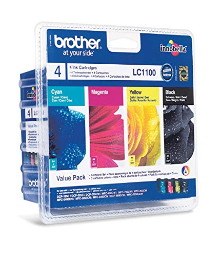 Brother LC-1100BK/LC-1100C/LC-1100M/LC-1100Y Inkjet Cartridges, Black/Cyan/Magenta/Yellow, Multi-Pack, Standard Yield, Includes 4 x Inkjet Cartridges, Brother Genuine Supplies