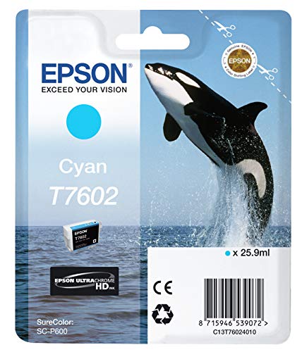 Epson Killer Whale T7602 Ink Cartridge, Cyan, Genuine,25.9 ml