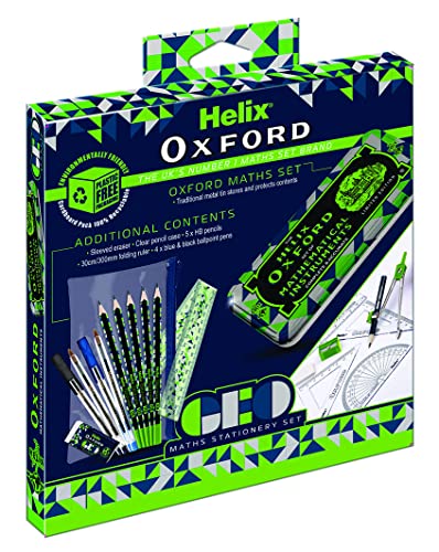 Helix Oxford Geo Complete Maths and Stationery Set - Oxford Maths Set, 30cm Folding Ruler, Ballpoint Pens, Eraser, Exam ready clear Pencil Case and Pencils - Green Geometric Design