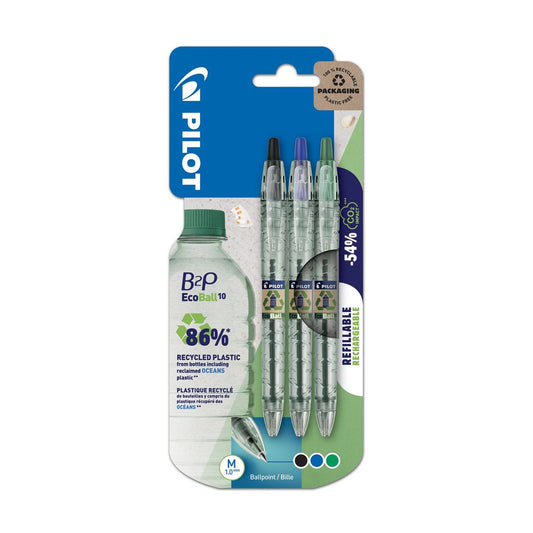 1X 3PK Pilot B2P Retractable Refillable Gel Pen 0.7 mm Black/Blue/Green