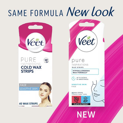 Veet Pure Cold Wax Strips Face Sensitive Skin 40 Strips 4 Finish Wipes Hair Removal