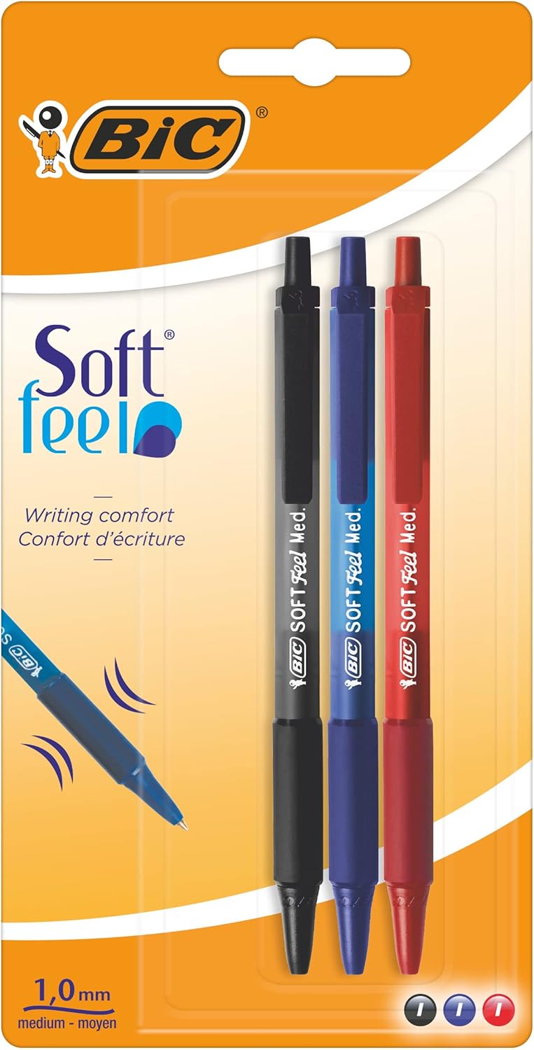 Bic Soft Feel Ballpoint Pens Medium Point (1.0 mm) – Assorted Colours, Pack of 3