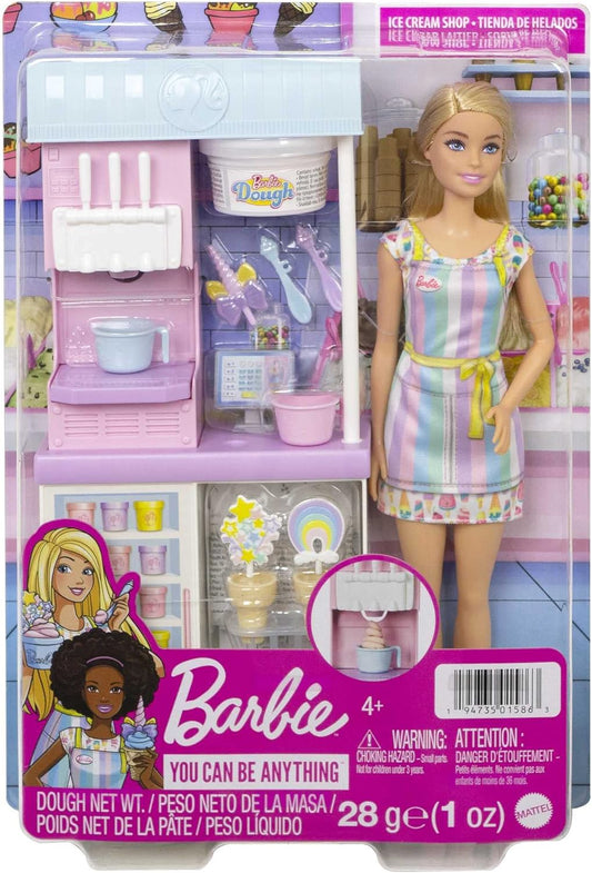 Barbie Ice Cream Shop Playset with 12 in Blonde Doll, Ice Cream Shop, Ice Cream Making Feature & Realistic Play Pieces, Black