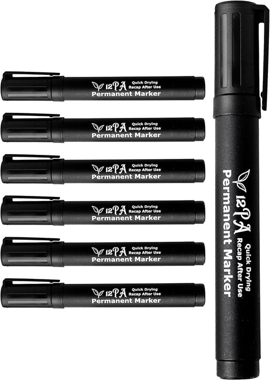 12PA 6 Black | Permanent Marker Pens | Thick Bullet Tip | Permanent Markers | Permanent Marker for Plastic, metal marker, Garden Marker Pen (6 Black Marker Pen)