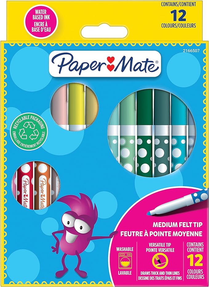 12Pack Paper Mate Washable Ink Kids Assorted Colour Felt Pens