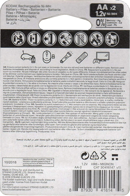 2 X AA Kodak 1.2V Rechargeable Batteries 750mAh