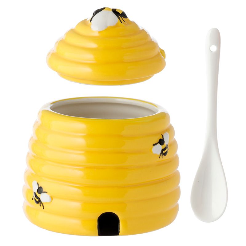 Beehive Shaped Ceramic Pot with Lid & Spoon