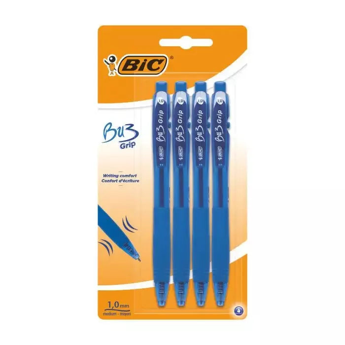 BIC BU3 Grip 1.0 Blue Retractable Ball Pen 4 Pack Stationery