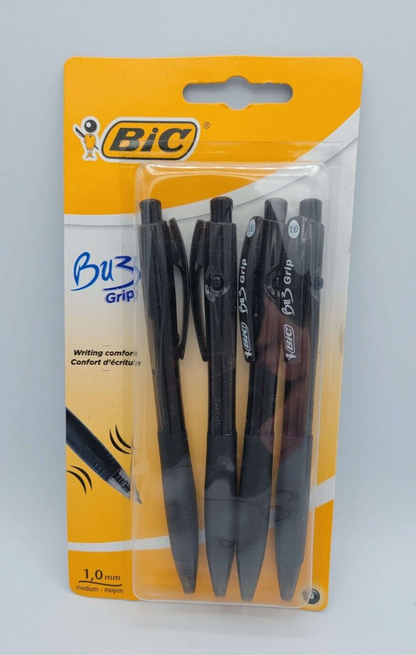 BIC BU3 Grip 1.0mm Black Retractable Ball Pens | 4 Pack Stationery