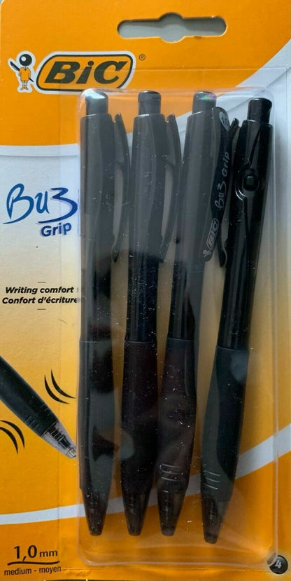 BIC BU3 Grip 1.0mm Black Retractable Ball Pens | 4 Pack Stationery