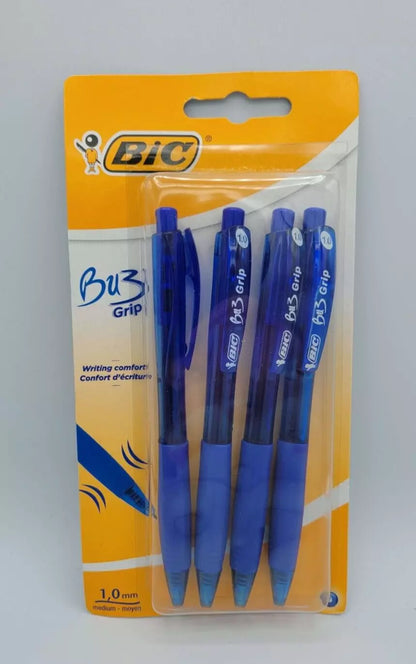 BIC BU3 Grip 1.0 Blue Retractable Ball Pen 4 Pack Stationery